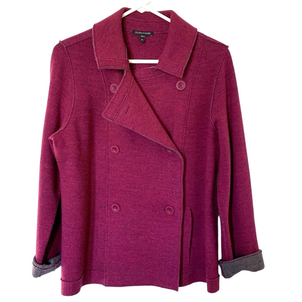 Eileen Fisher jacket pea coat EUC M merino wool berry contrast cuff